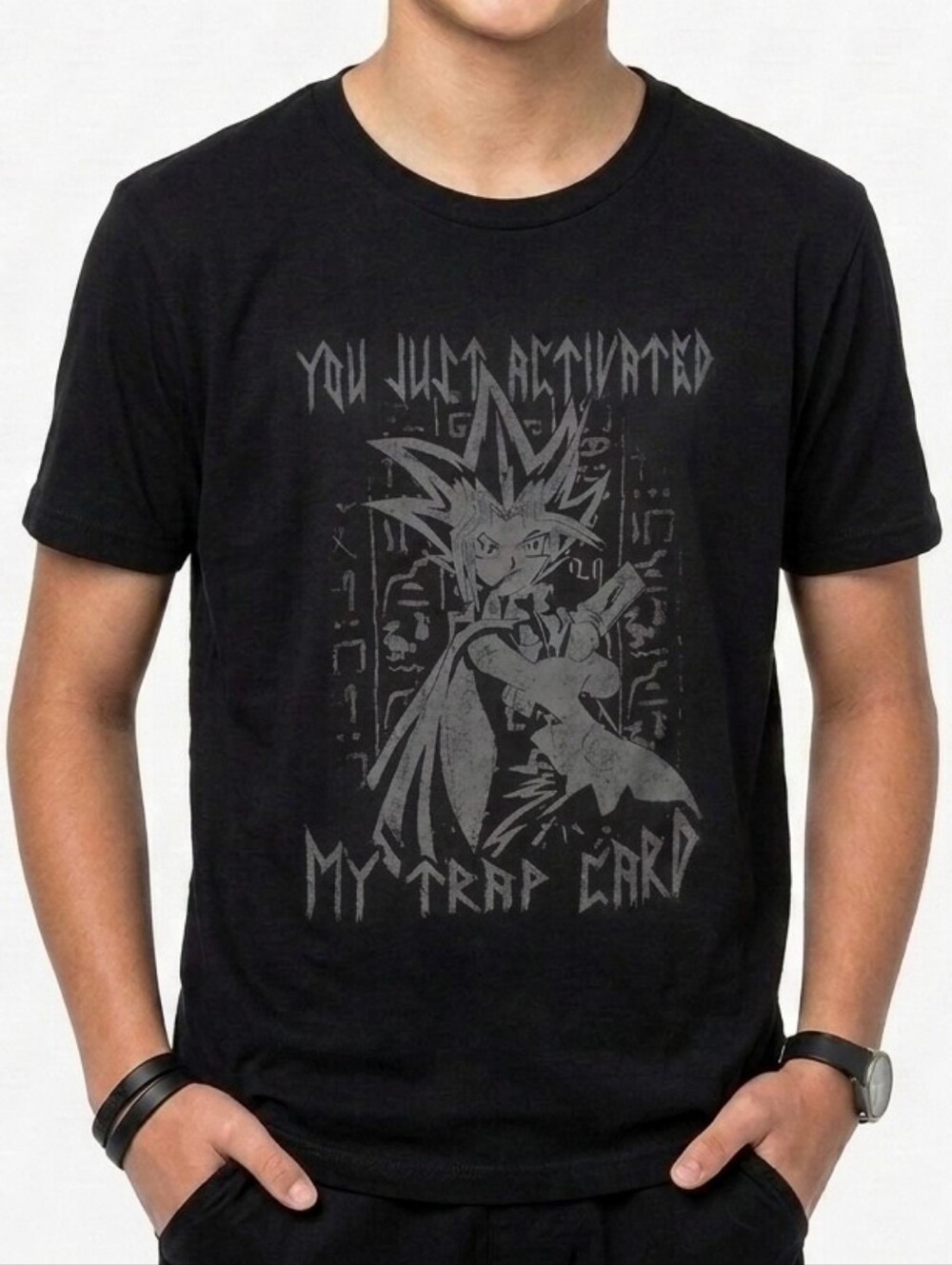 Men's Yu-Gi-Oh! Yami Yugi Trap Card Yugioh Manga Distressed Tee, Black S PTP 18"